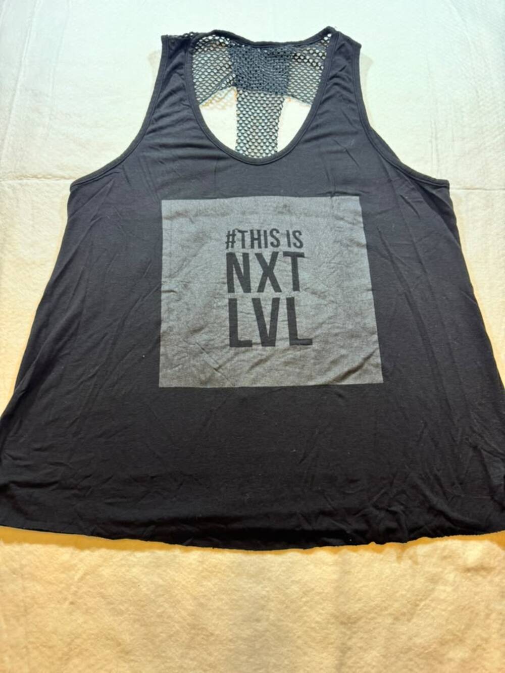 Women's Black Loose Tank Top This Is NXT LVL Graphic Mesh Back Gym Workout